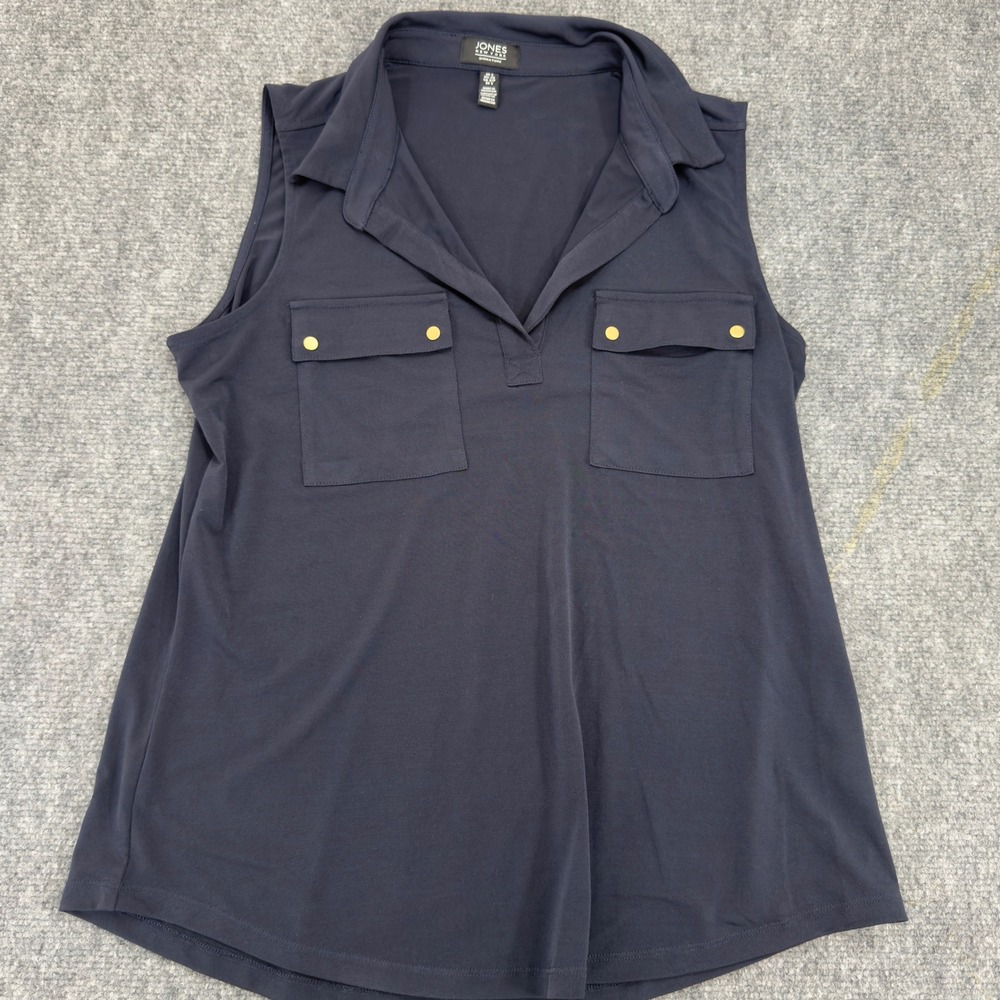 Jones New York Signature Sleeveless Split Neck Pocket Blouse Navy Blue Size S